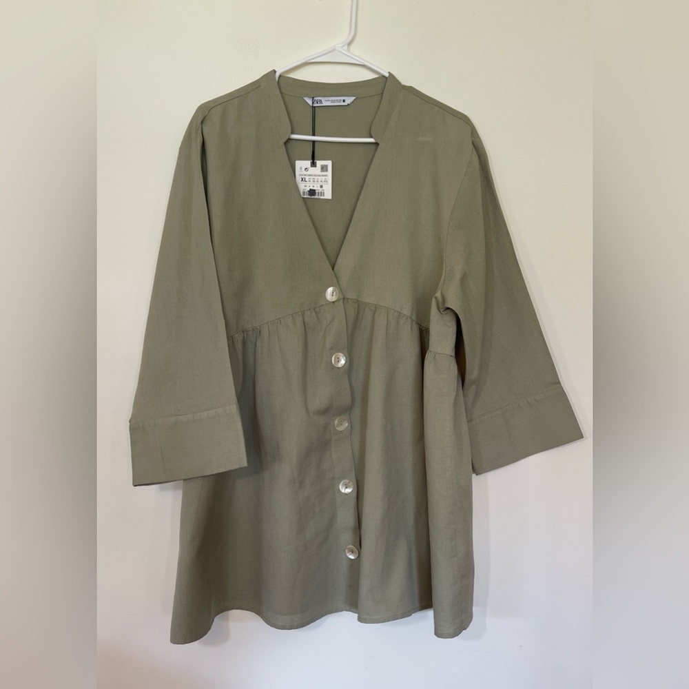 NWT Zara V-Neck tunic olive green XL lagenlook cotton linen mother of pearl